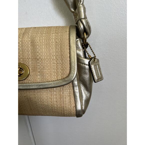 Coach Parker Straw Top Handle Handbag GOLD leather trim #42475 - Picture 10 of 12